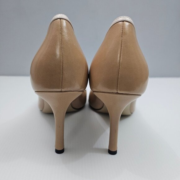 Tory Burch Double T Buckle Pump Womens 10.5 Tan Cream Leather Pointed Toe Heels - Picture 11 of 16